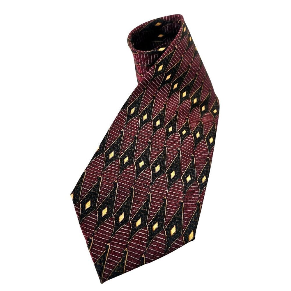 JZ Richards for Nordstrom 90s Handmade Silk Tie 4 x 58 Geometric Black Gold Wine
